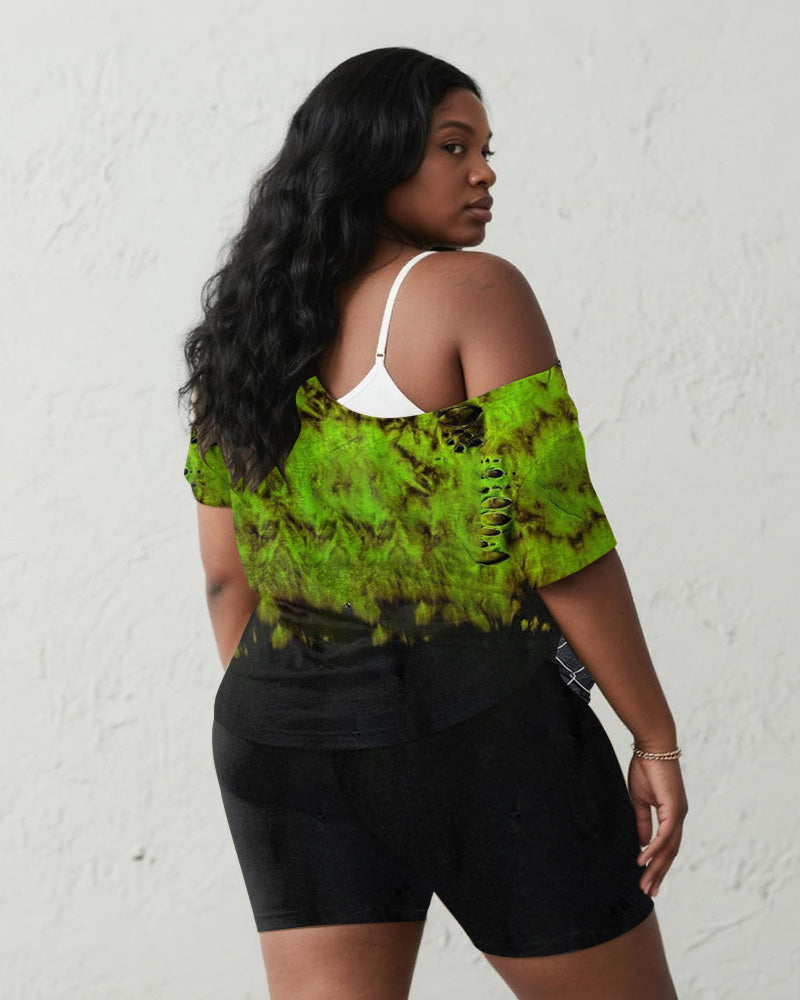Women's Big & Tall Halloween Green Gradient Skull Print Short Sleeve Shorts Suit