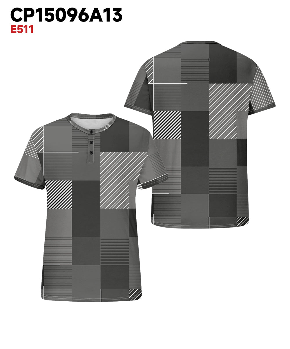 Men's Plus Size Gray Geometric Print Henry Collar Button Short Sleeve T-shirt