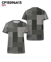 Men's Plus Size Gray Geometric Print Henry Collar Button Short Sleeve T-shirt