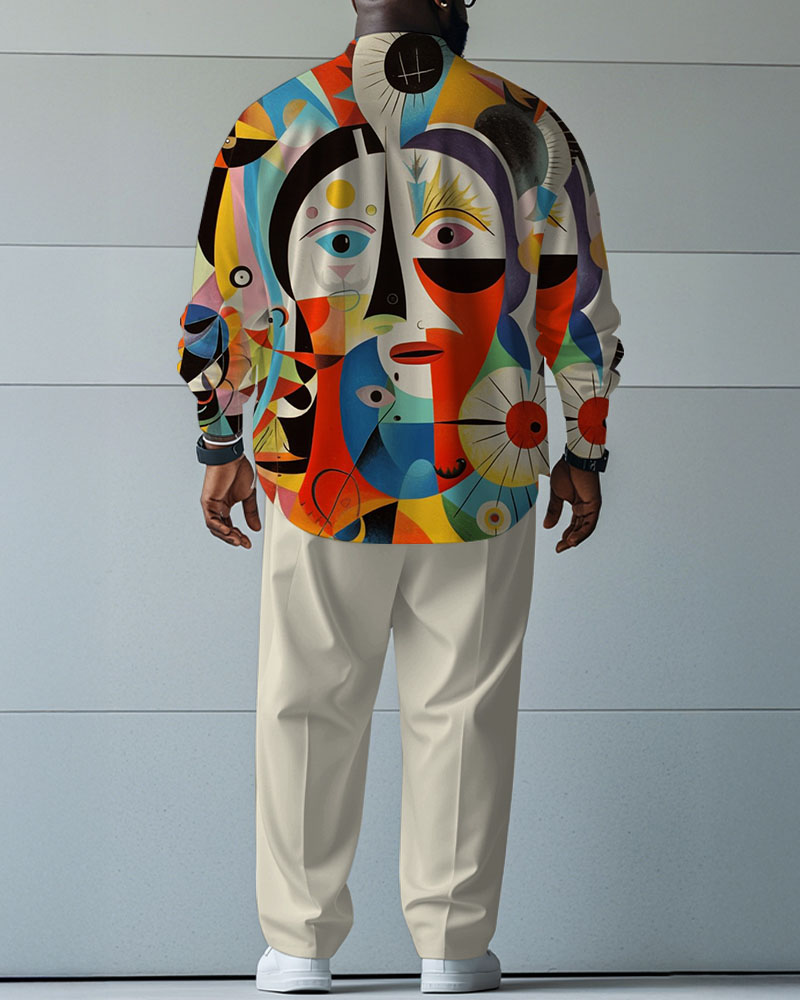 Men's Plus Size Multicolor Pop Colorblock Abstract Print Long Sleeve Shirt Trousers Suit