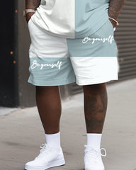 Men's Plus Size Casual Simple Stitching Color Block Letter Printed T-Shirt Shorts Set