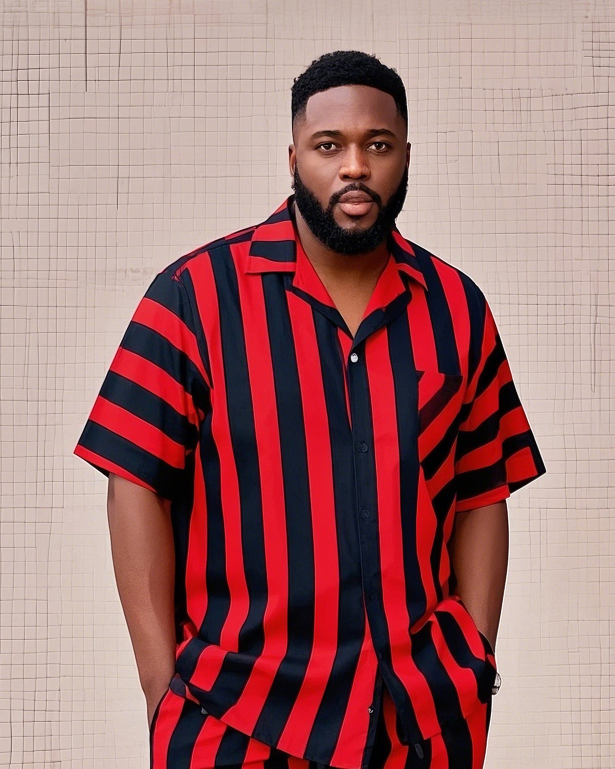 Big Men's-Hot Red And Black Striped Color Block Printed Short Sleeve Shirt Shorts Suit