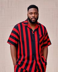 Big Men's-Hot Red And Black Striped Color Block Printed Short Sleeve Shirt Shorts Suit