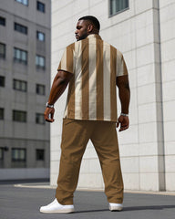 Men's Plus Size Business Khaki Thick Striped Short Sleeve Shirt Trousers Suit