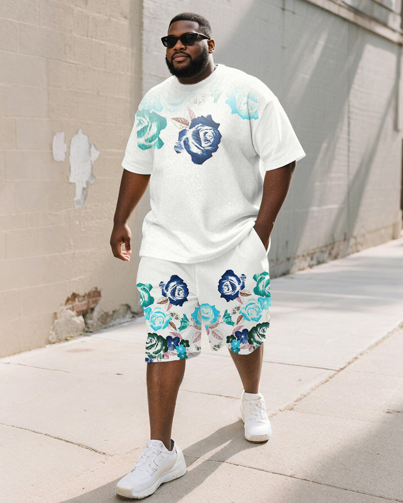 Men's Plus Size Street White Graffiti Rose Print Round Neck Short Sleeve T-Shirt Shorts Suit