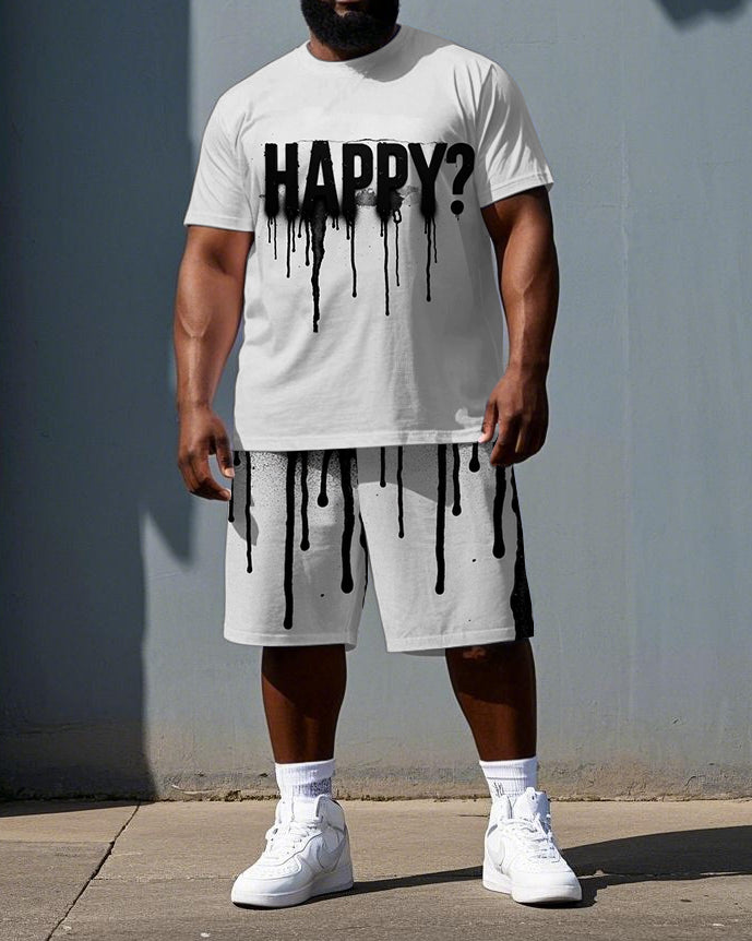 Big & Tall Men's Dark Punk Style Ink HAPPY Lettering Casual Short-Sleeve T-shirt Shorts Set