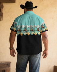Men's Plus Size Black & Green Western Denim Floral Print Short Sleeve Shirt