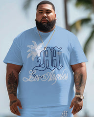 Men's Plus Size Hawaiian Coconut Tree Angel Alphabet Print T-Shirt Shorts Suit
