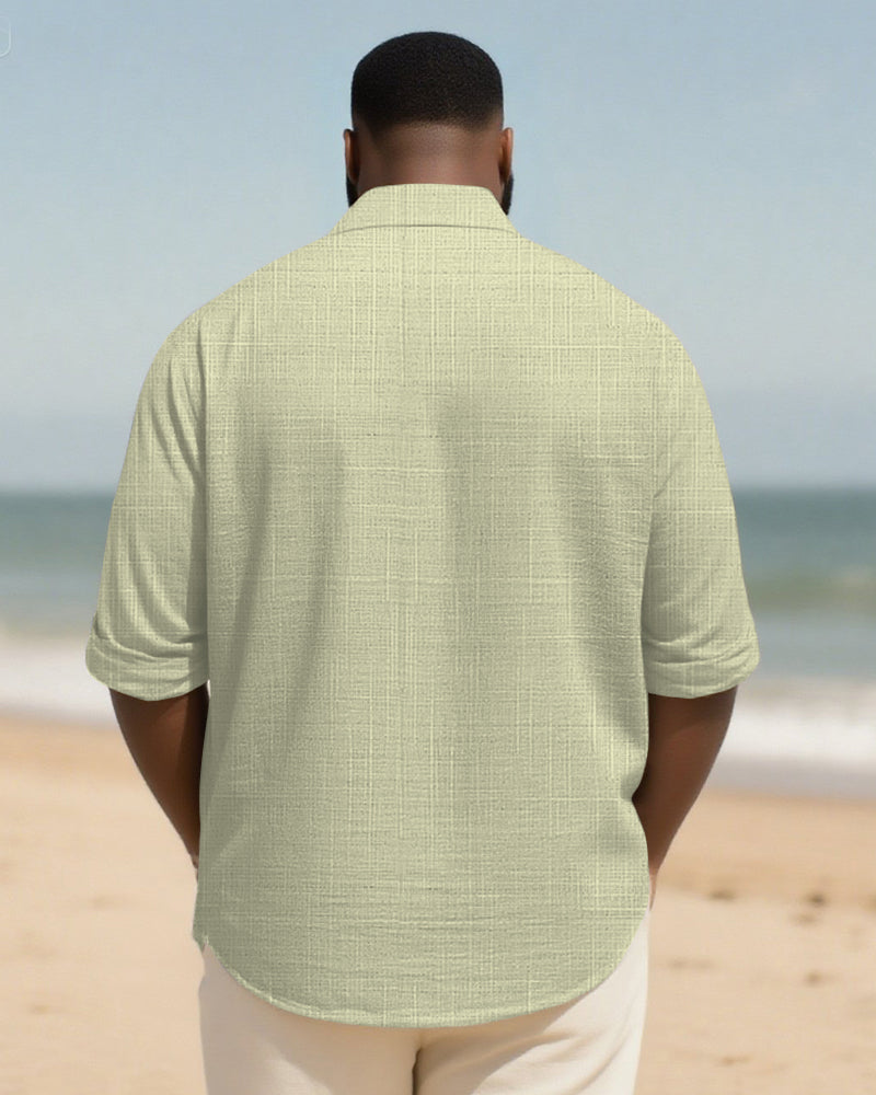 Big & Tall Men's Daily Green Colorblock Geometric Print Long Sleeve Bamboo Hemp Texture Shirt