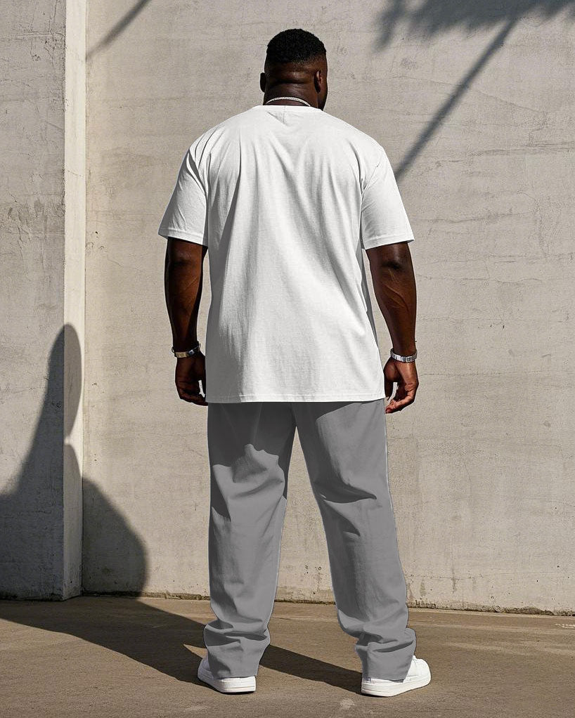 Big Men's Grey & White Patchwork Printed Short-sleeved T-shirt Trousers Set