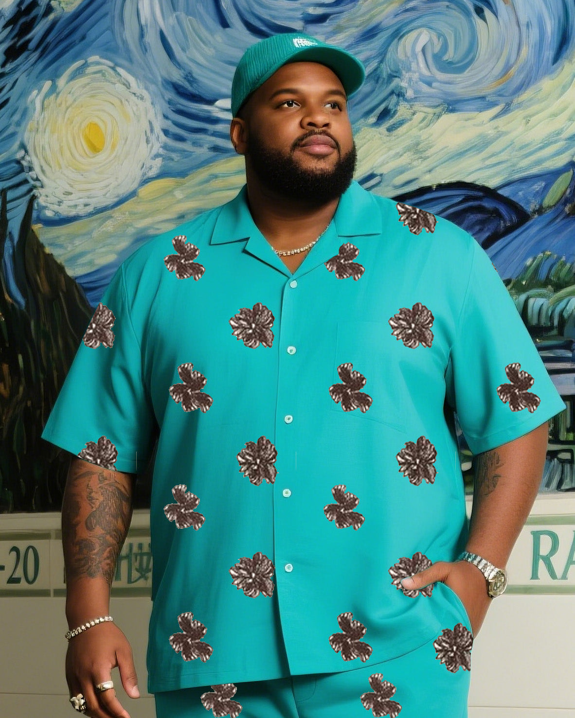 Big Boy Summer Light Blue Retro Creative Printed Short Sleeve Shirt Trousers Suit