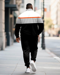 Big & Tall Men's Striped Contrast Printed POLO Collar Zipper Long Sleeve Pants Two-Piece Set