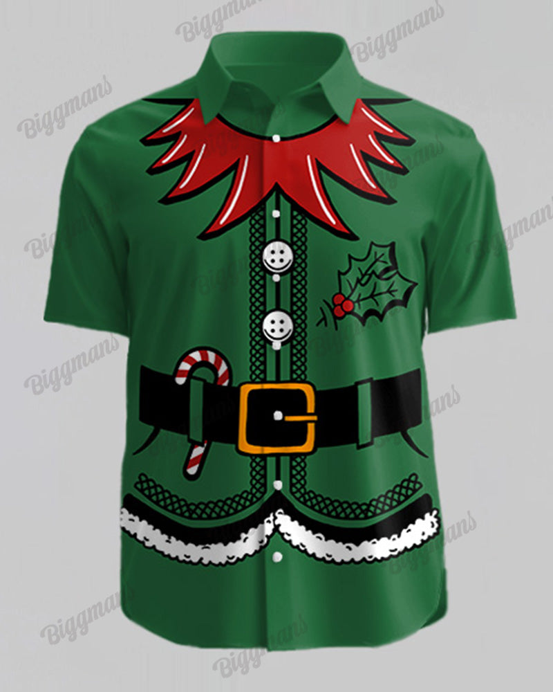 Men's Plus Size Christmas Green Elf Cosplay Printed Shirt Shorts Suit