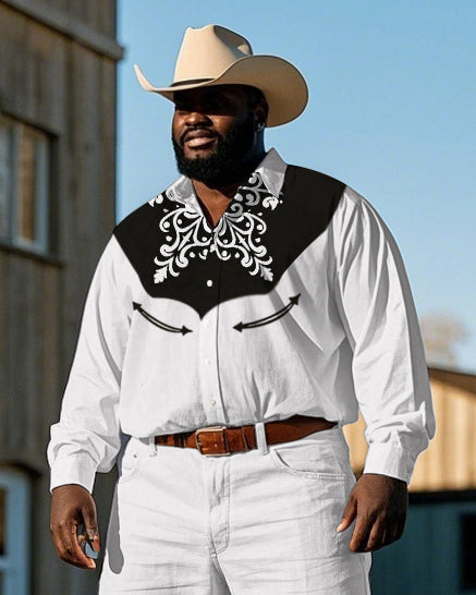 Men's Cowboy Western Style Vintage Embroidery Pattern Printed Big & Tall Long Sleeve Shirt Pants Set