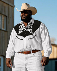 Men's Cowboy Western Style Vintage Embroidery Pattern Printed Big & Tall Long Sleeve Shirt Pants Set