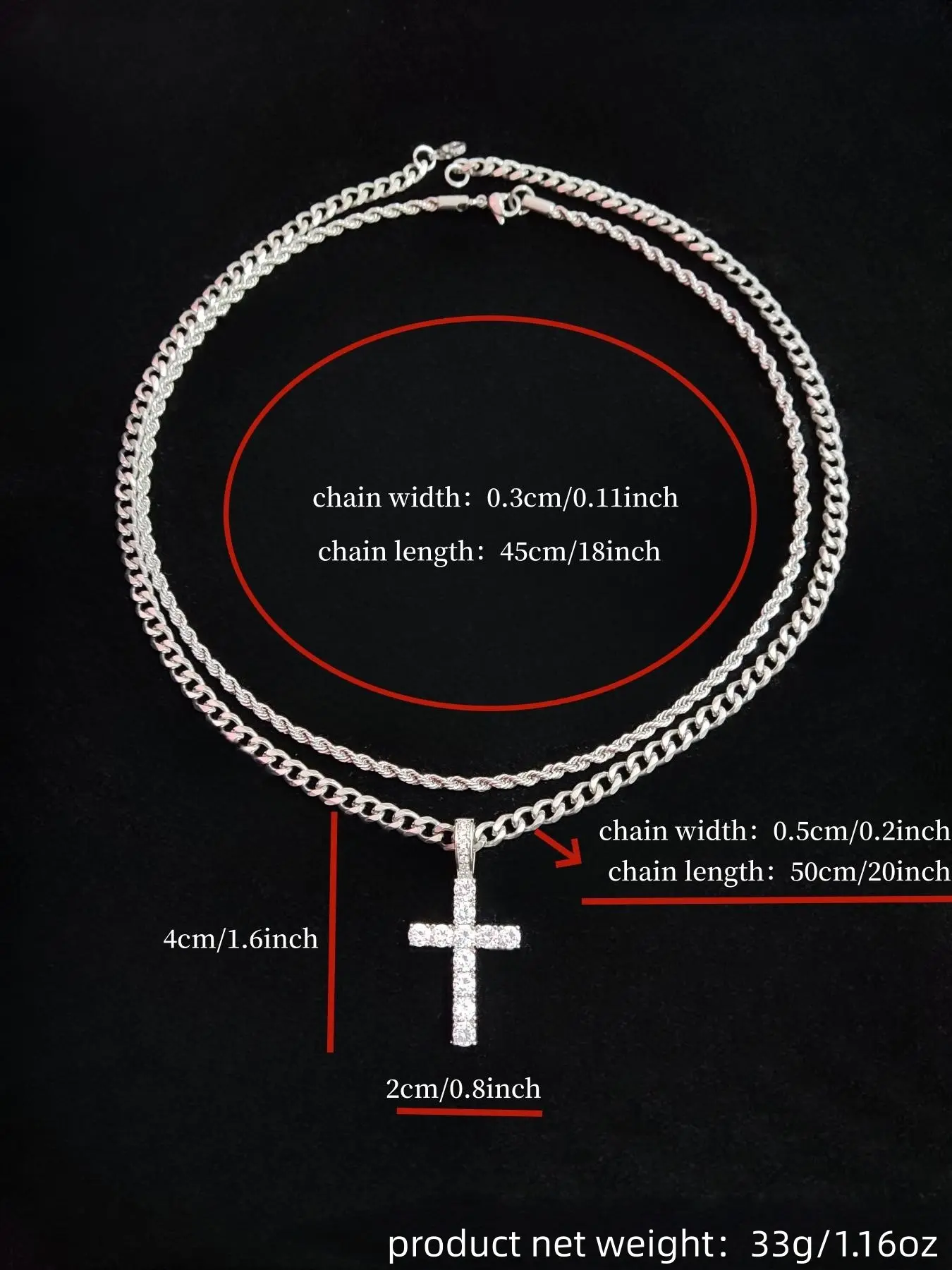 Big & Tall Men's Hip Hop Twist Chain Necklace & Rhinestone Cross