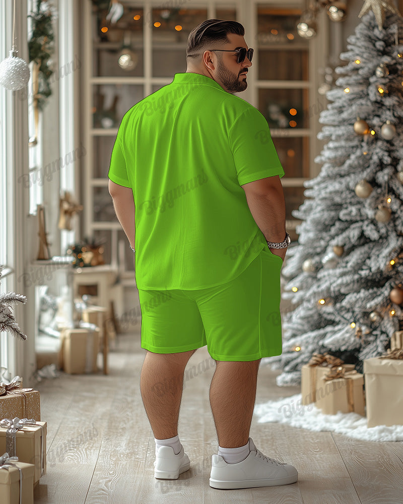 Men's Big & Tall Christmas Green Santa Cosplay Printed Short Sleeve Shirt Shorts Set