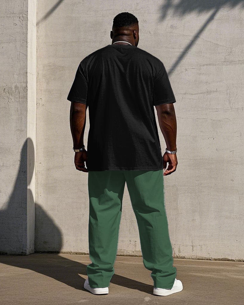 Men's Plus Size Casual Black & Green Geometric "Respect" Slogan Short Sleeve T-Shirt Trousers Suit