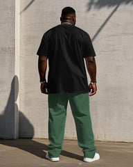 Men's Plus Size Casual Black & Green Geometric "Respect" Slogan Short Sleeve T-Shirt Trousers Suit