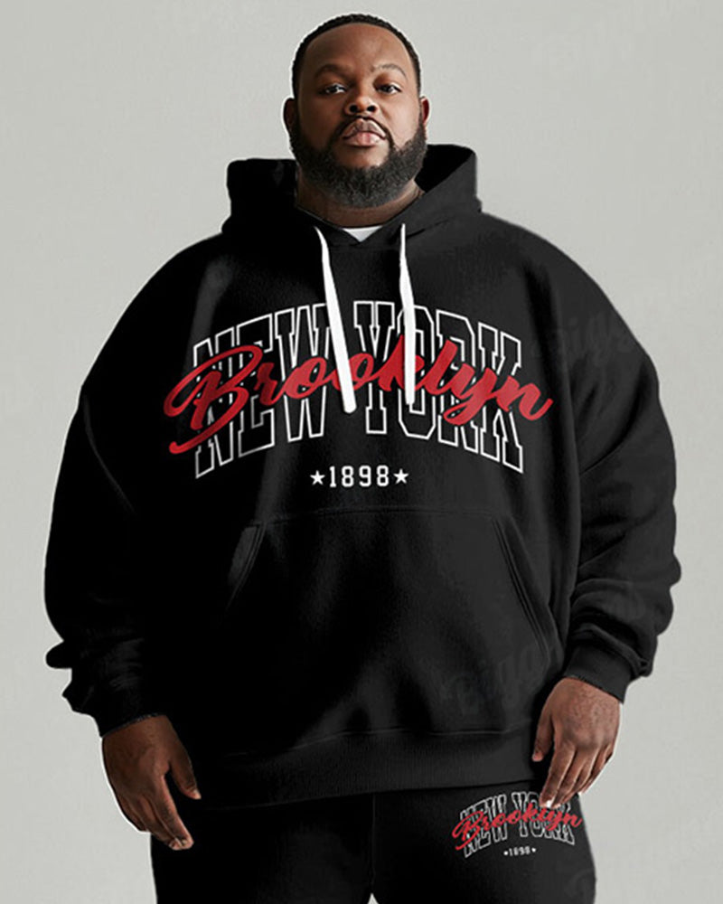 Men's Daily Casual All-Match Black Letter Print Plus Size Hoodie Suit