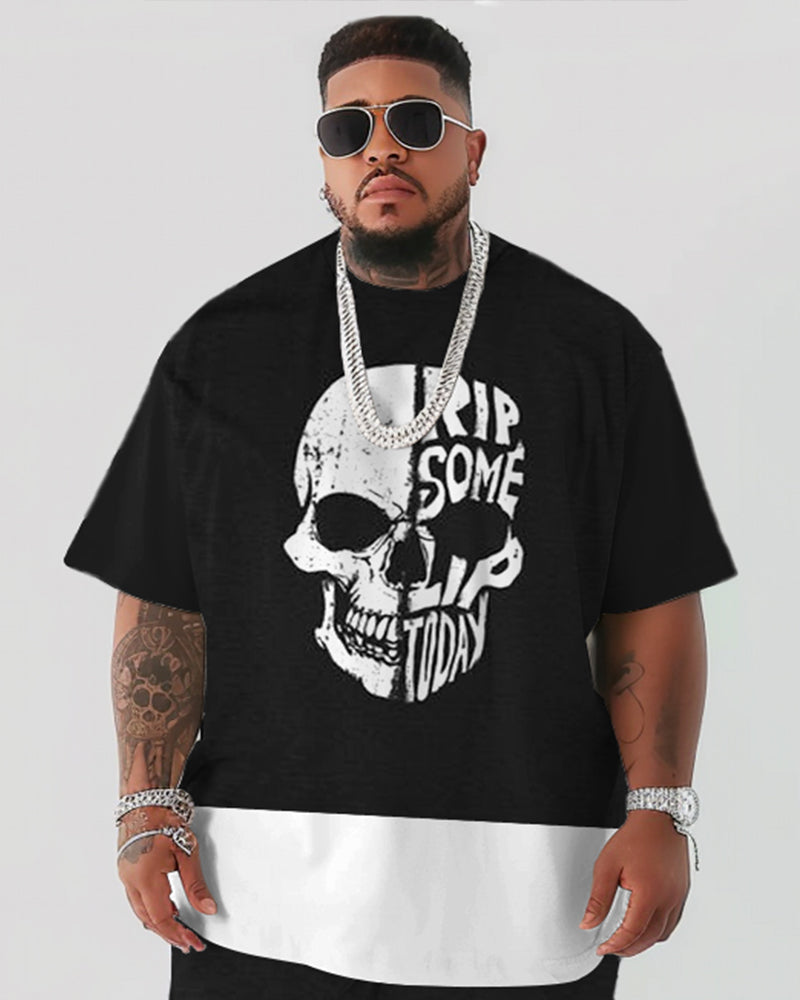 Skull Letter Patchwork Design Printed T-Shirt Shorts Suit Men's Plus Size