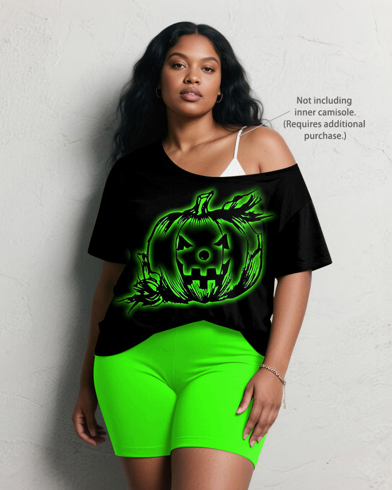 Women's Big & Tall Halloween Green Pumpkin Graffiti Print Short Sleeve Shorts Suit