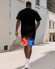 Men's Plus Size Flame Gradient BIGGMANS Letter Print Round Neck Short Sleeve T-shirt Shorts Suit