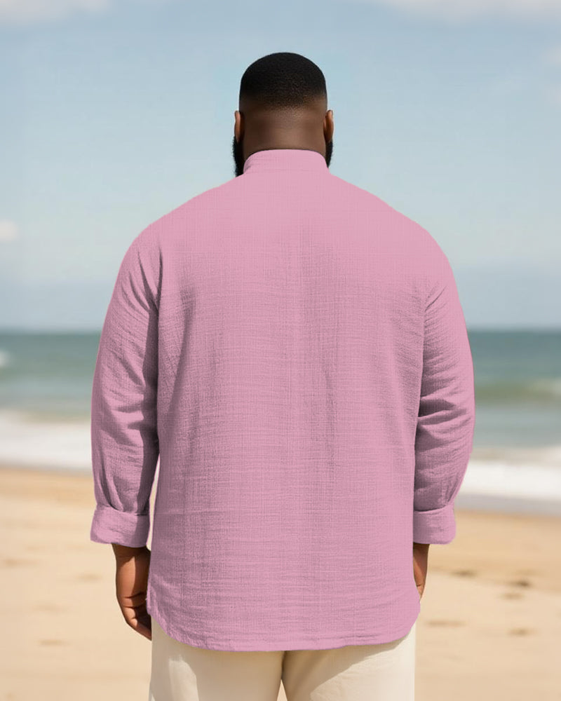 Big & Tall Men's Daily Solid Color Bamboo Hemp Texture Stand Collar Long Sleeve Shirt