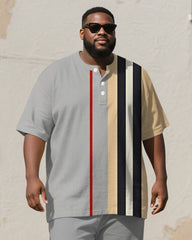 Men's Plus Size Light Gray Khaki Colorblock Stripe Print Henley Collar T-Shirt Pants Suit