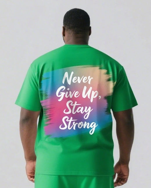 Never Give Up and Stay Strong Men's Big and Tall Simple Back Letter Short Sleeve T-shirt 2-Piece Set