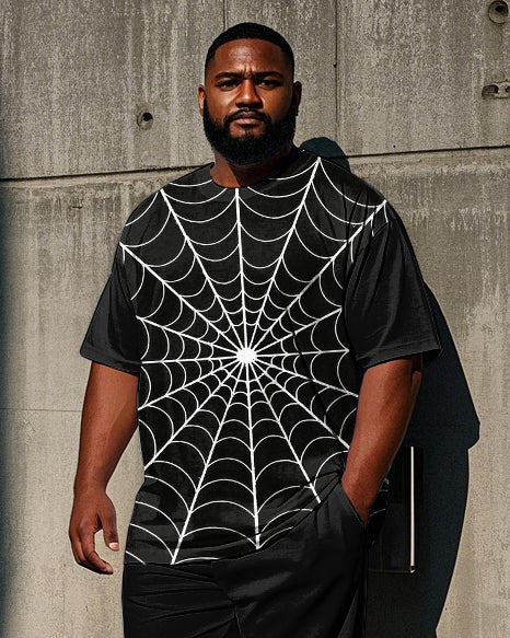 Big Men's 2-Piece Set Simple Spider Web Printed 2-Piece Short Sleeve T-shirt Pants Set