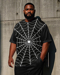 Big Men's 2-Piece Set Simple Spider Web Printed 2-Piece Short Sleeve T-shirt Pants Set