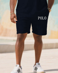 Men's large size Dark Blue Daily Simple Casual Short-sleeved polo shorts set