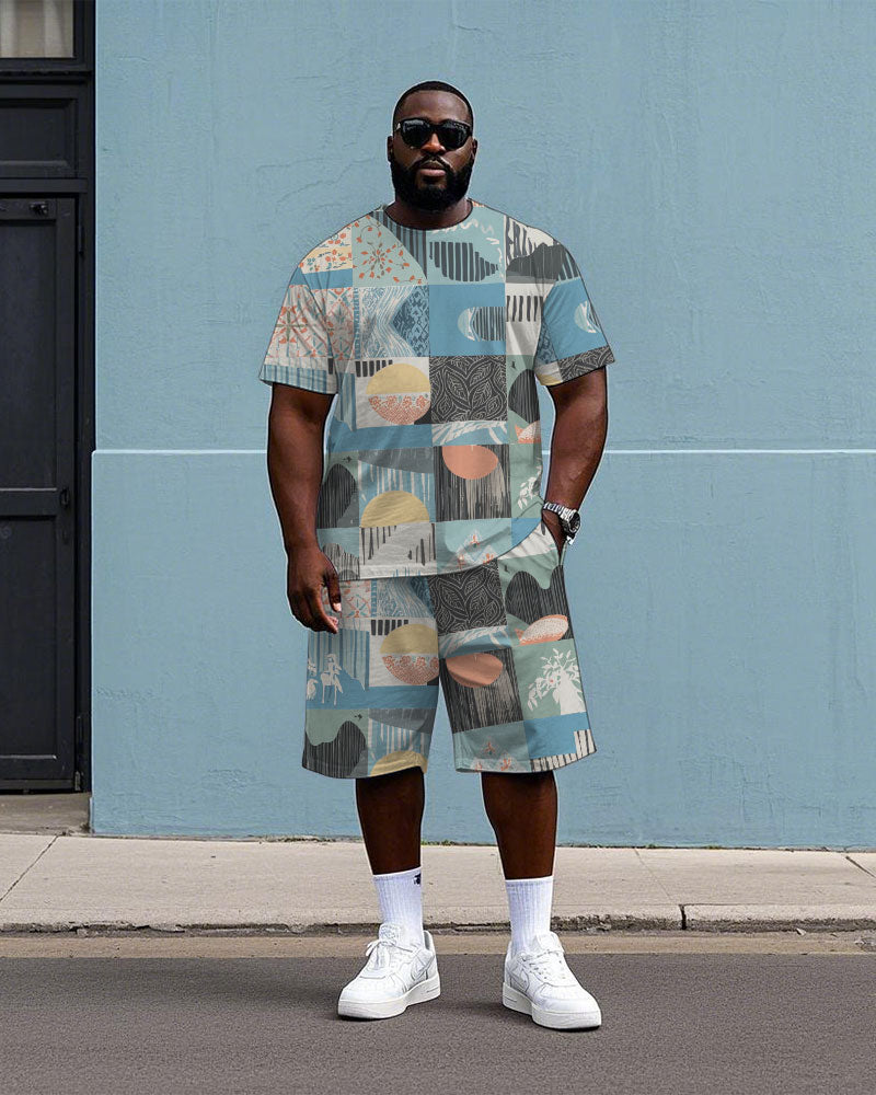 Men's Big Size Funny Splicing Plaid Print Hawaiian Short Sleeve T-Shirt and Shorts Set