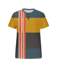 Big & Tall Men's Blue Triple Color Geometric Print Henry Collar Button Short Sleeve T-Shirt