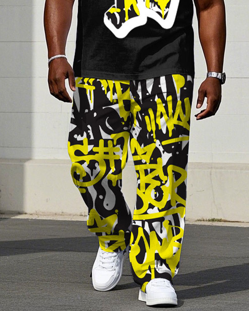 Men's Plus Size Street Fashion Graffiti Chest "K" Print Short Sleeve T-Shirt Trousers Suit
