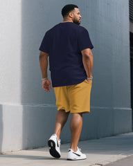 Men's Plus Size Dark Blue & Yellow & White Fashion Round Neck Short Sleeve T-Shirt Shorts Suit