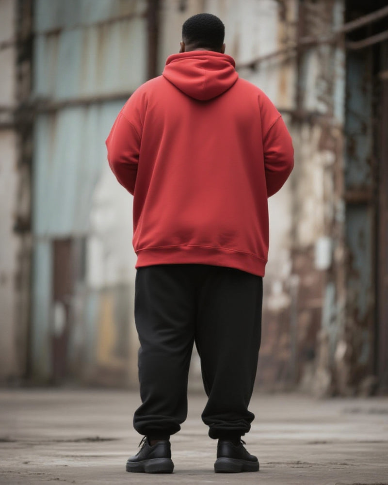 Big & Tall Men's Street Fashion Black Red Attitude Letter Print Hoodie Suit