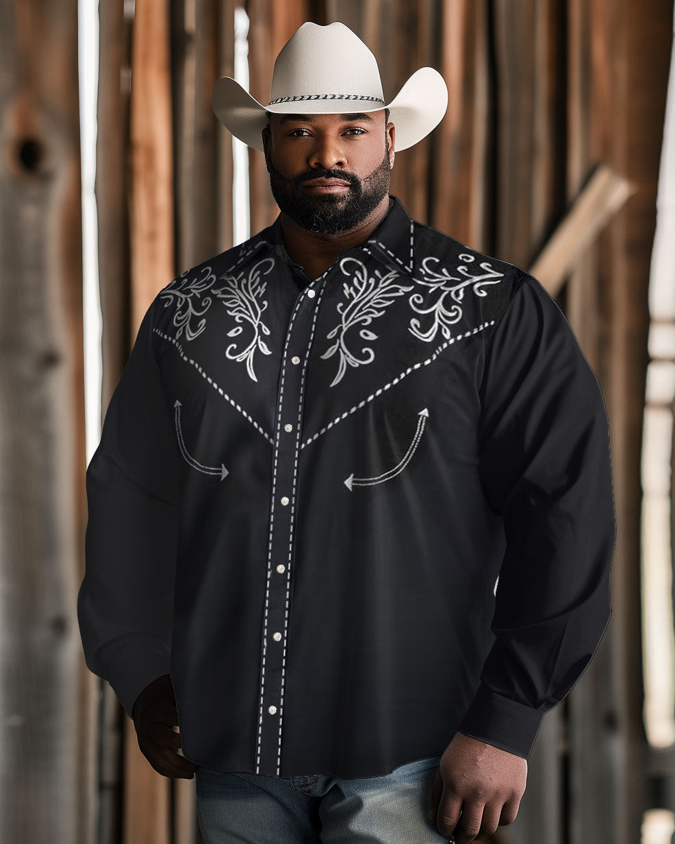 Big Men's Western Denim Vintage Black Floral Lapel Long Sleeve Shirt