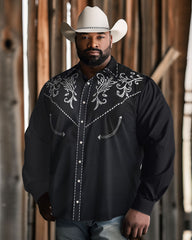 Big Men's Western Denim Vintage Black Floral Lapel Long Sleeve Shirt