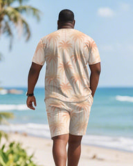 Men's Plus Size Orange Coconut Tree Gradient Stripe Print Round Neck Short Sleeve T-Shirt Shorts Suit