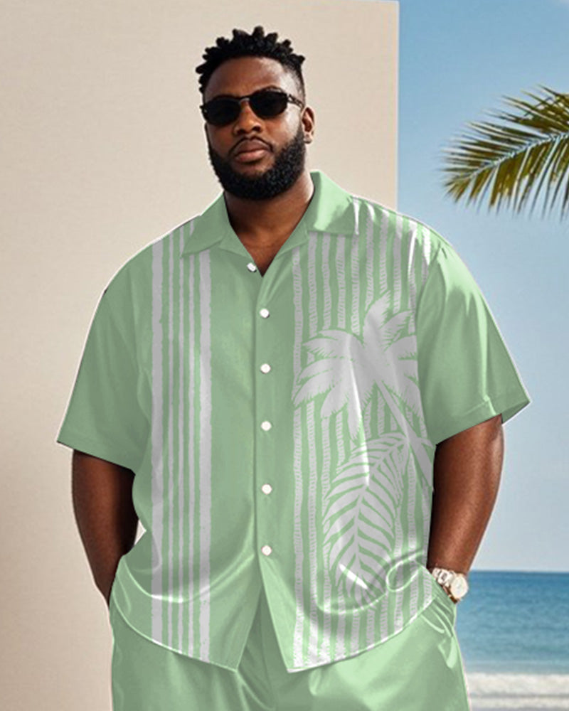 Big & Tall Men's Hawaiian Vacation Green Striped Coconut Print Shirt Shorts Suit