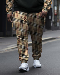 Men's Plus Size Plaid Casual Sports Hoodie Long Sleeve Color Block Two Piece Set