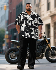 Men's Plus Size Black & White Graffiti Business Short Sleeve Shirt Pants Suit