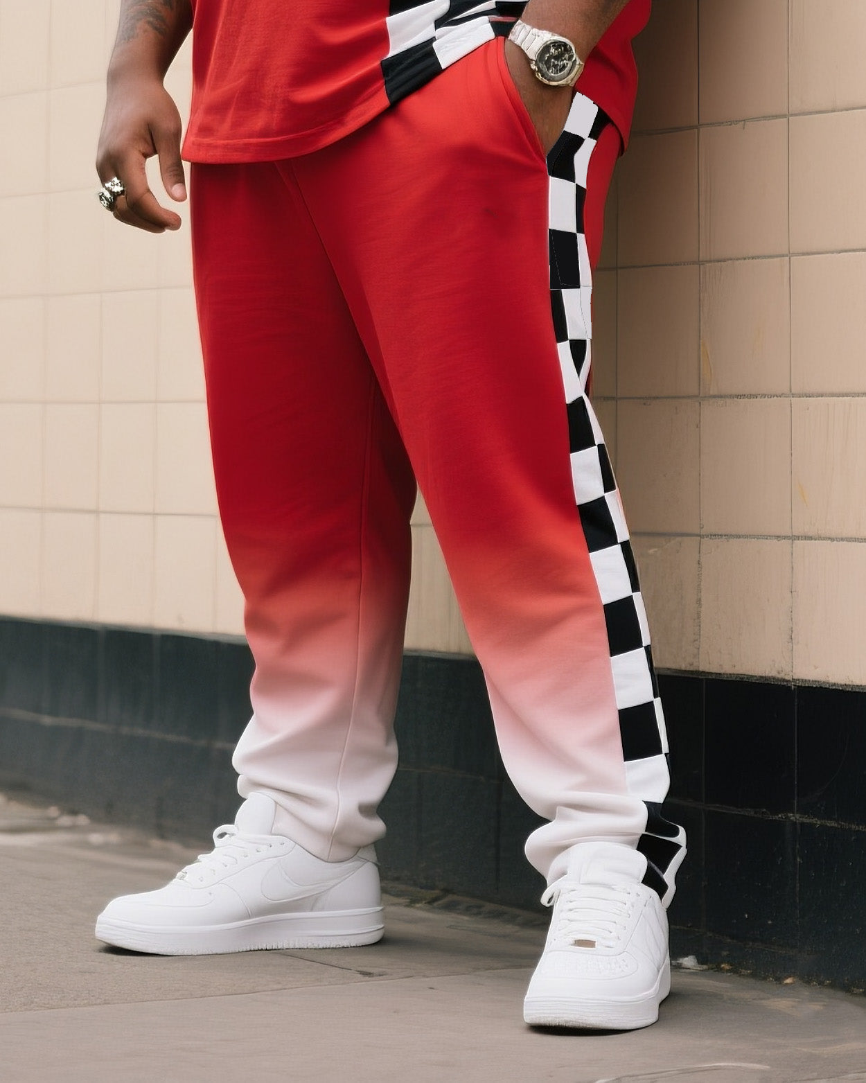 Big Boy Daily Casual Fox Red Chessboard Black And White Plaid Crewneck Short Sleeve T-Shirt Pants Suit
