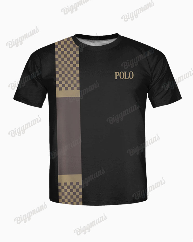 Men's Big Size Simple Plaid Patchwork Letter Printed T-shirt Shorts Set