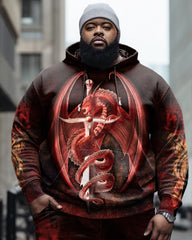 Men's Large Size Retro Element Viking Dragon Print Long-Sleeved Hoodie And Sweatpants Suit