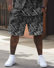 Black Gradient Texture Leaves Slogan "Respect" Printed T-Shirt Shorts Suit Men's Plus Size