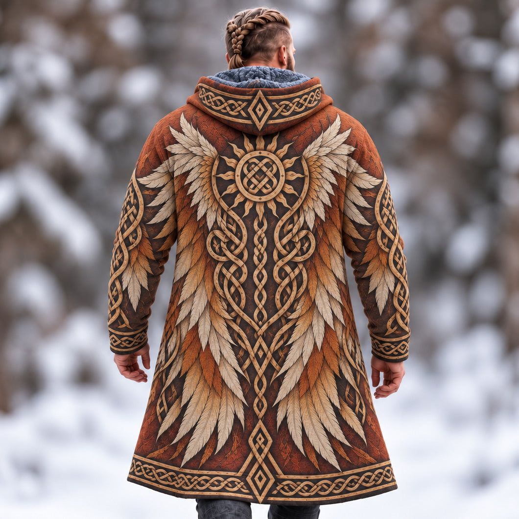 Men's Vintage Viking Wings Celtic Knot Art Print Fleece-lined Warm Mid-length Zip Up Hooded Coat