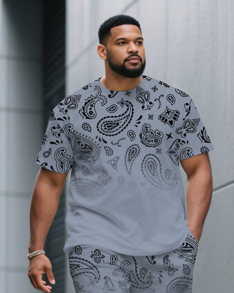 Men's Plus Size Gray Blue Gradient Paisley Pattern Round Neck Short Sleeve T-shirt Shorts Suit